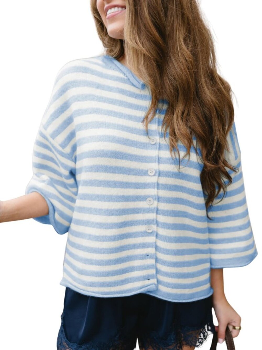 Women's Oversized Striped Cardigan Short Sleeve Button Sweater Top